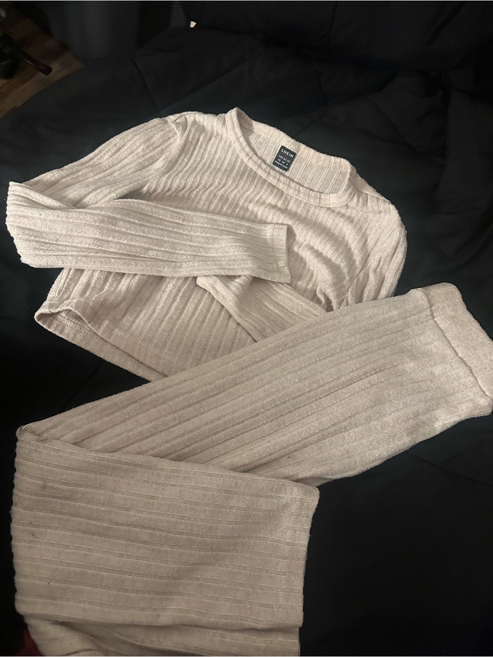 SHEIN Ribbed Crewneck Sweater Set in Light Beige
